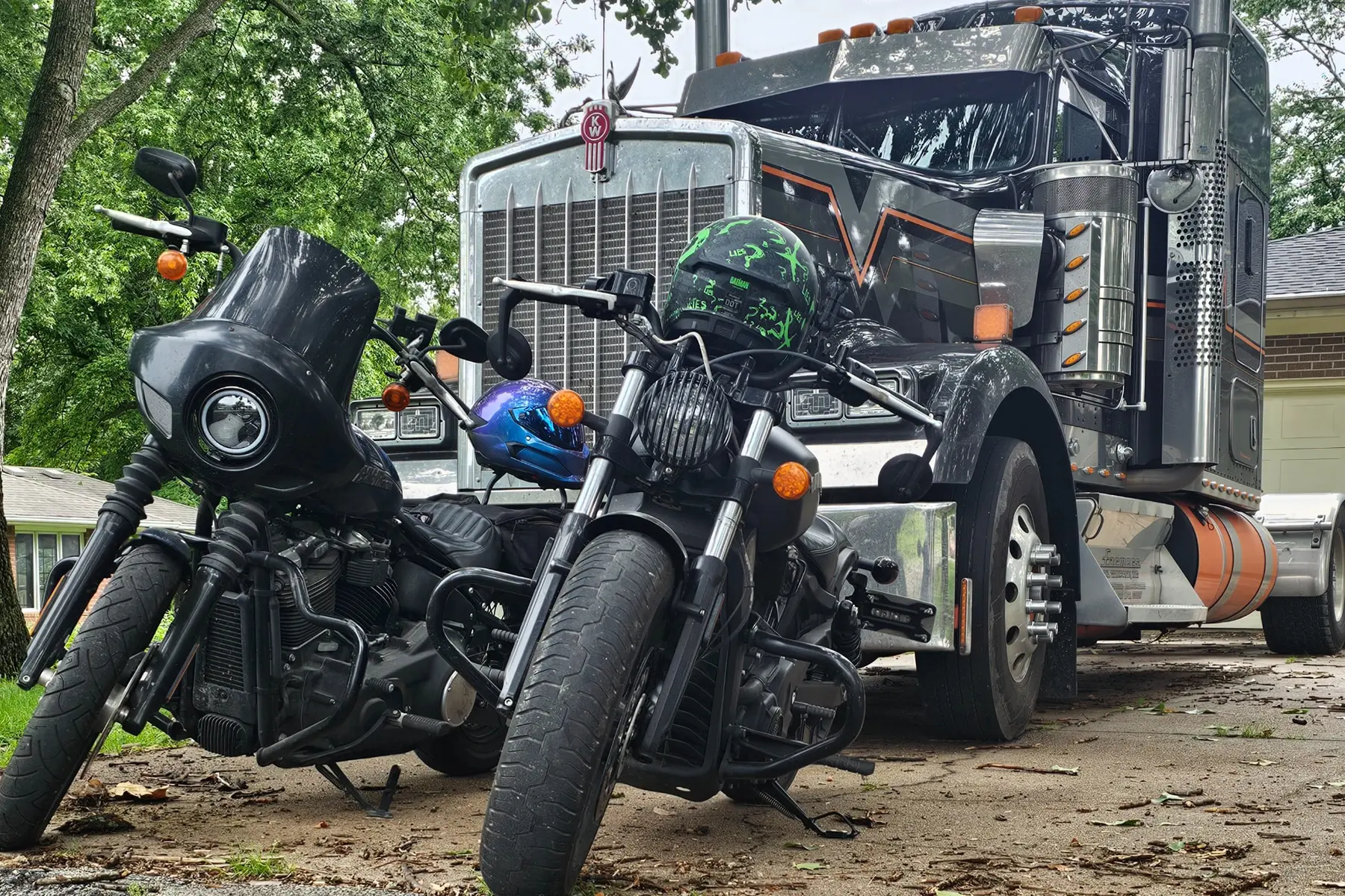 Family semi truck with Shellie and Amanda's motorcycles